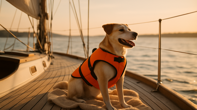 Glad hund med flytväst på båtdäck under solnedgång för en trygg båttur med husdjur.
