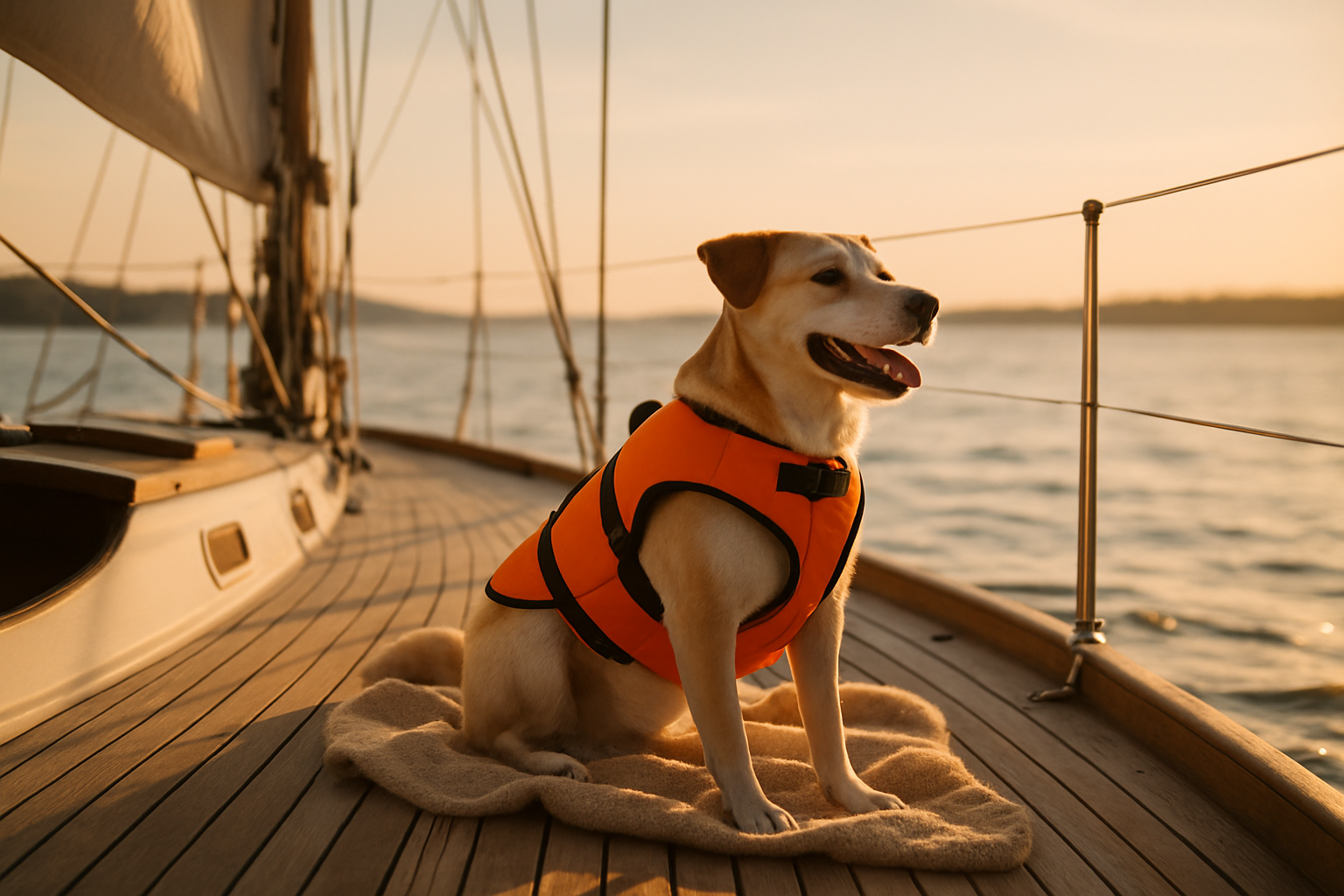 Glad hund med flytväst på båtdäck under solnedgång för en trygg båttur med husdjur.